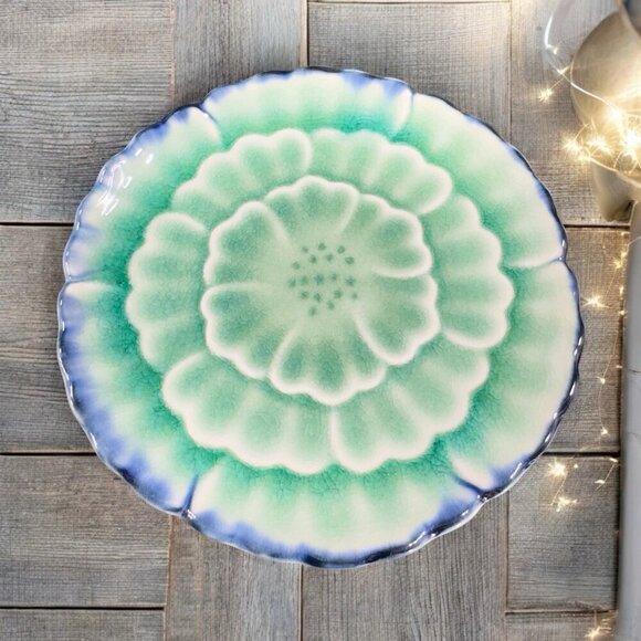 Pier 1 Imports Crackle Glaze Flower Shape Dish Plate Trinket Holder Blue Green - Picture 1 of 10